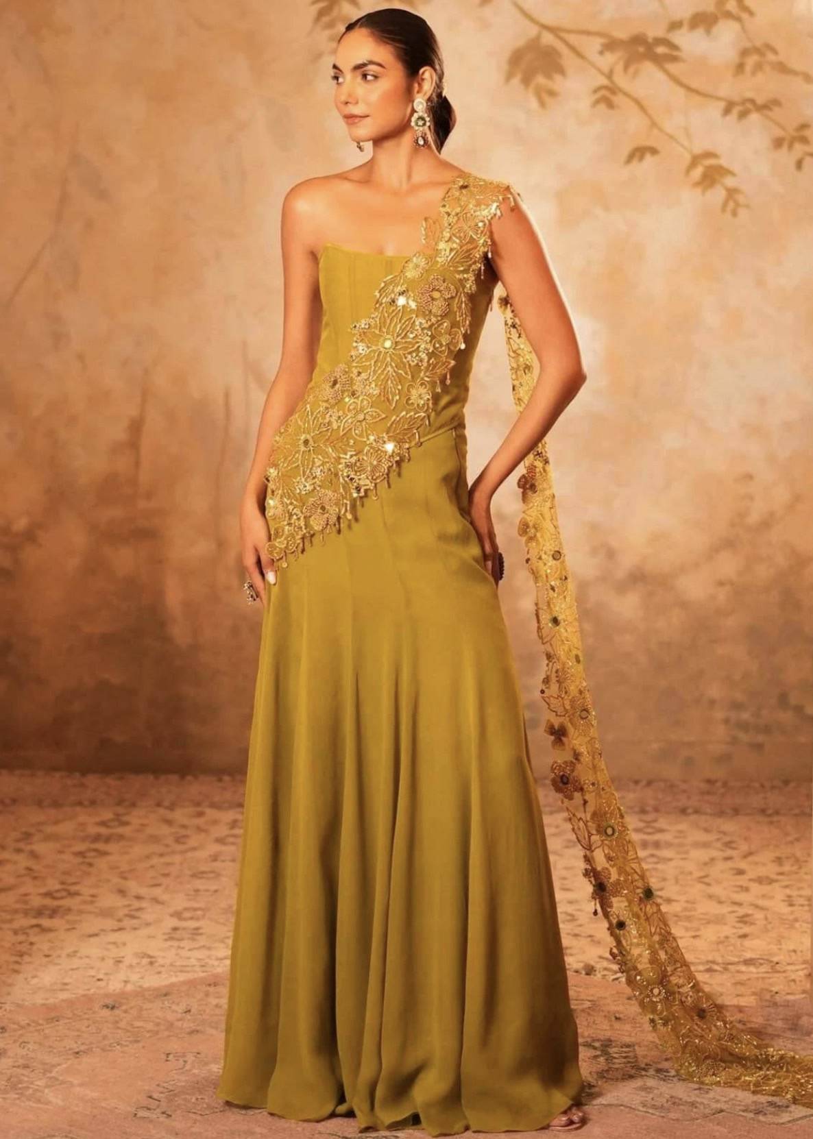 Olive Green Gold Embroidered Draped Gown Image - 2