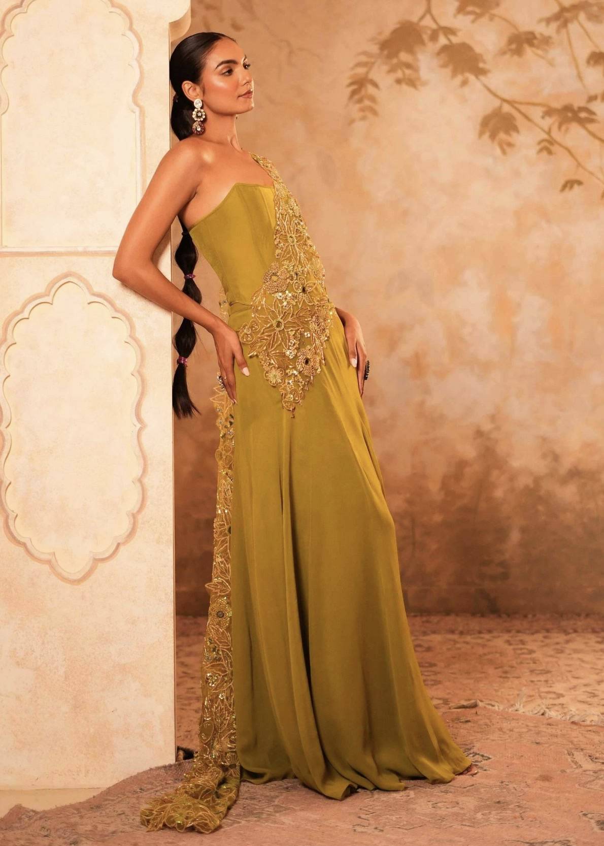 Olive Green Gold Embroidered Draped Gown Image - 4