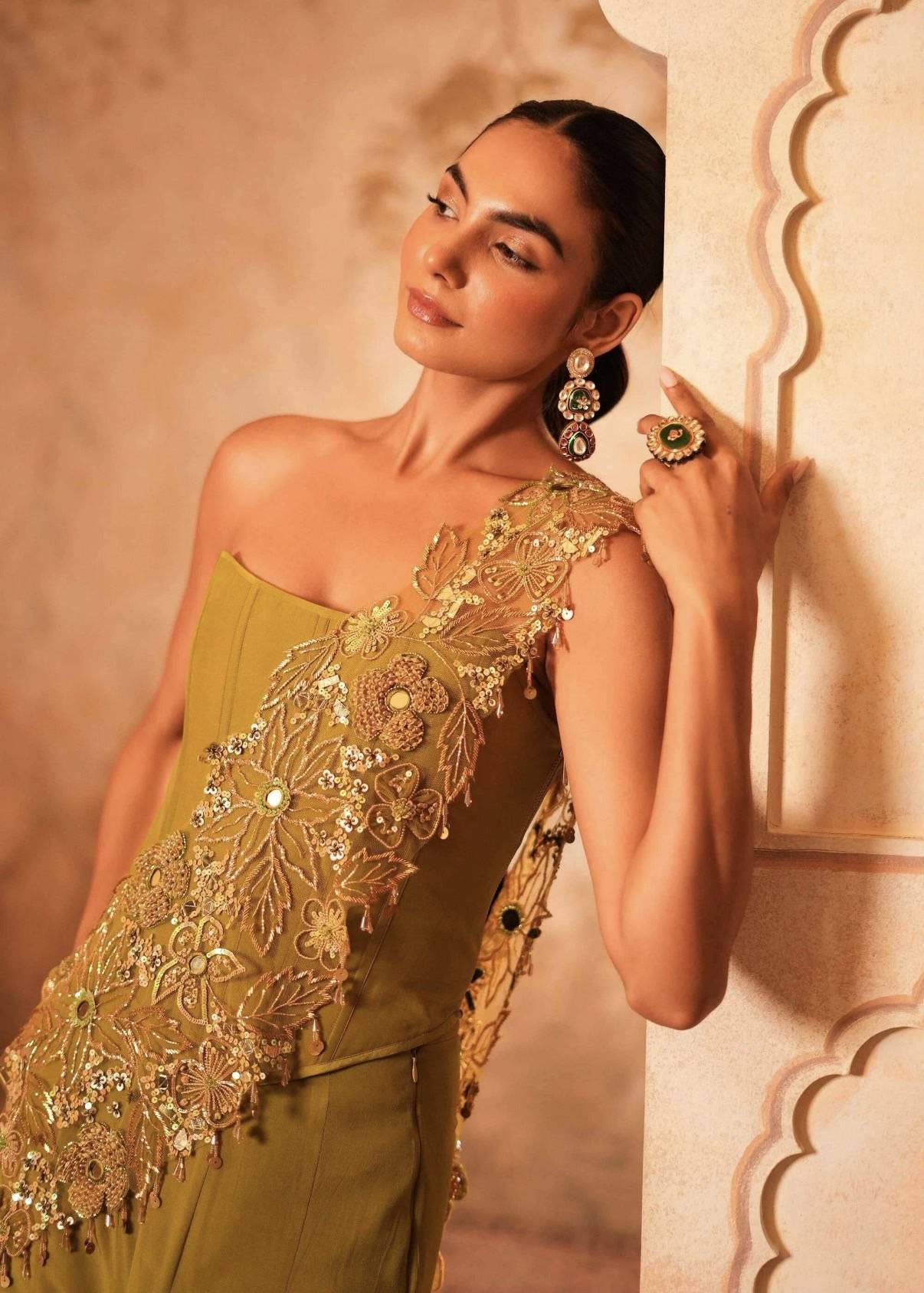 Olive Green Gold Embroidered Draped Gown Image - 5