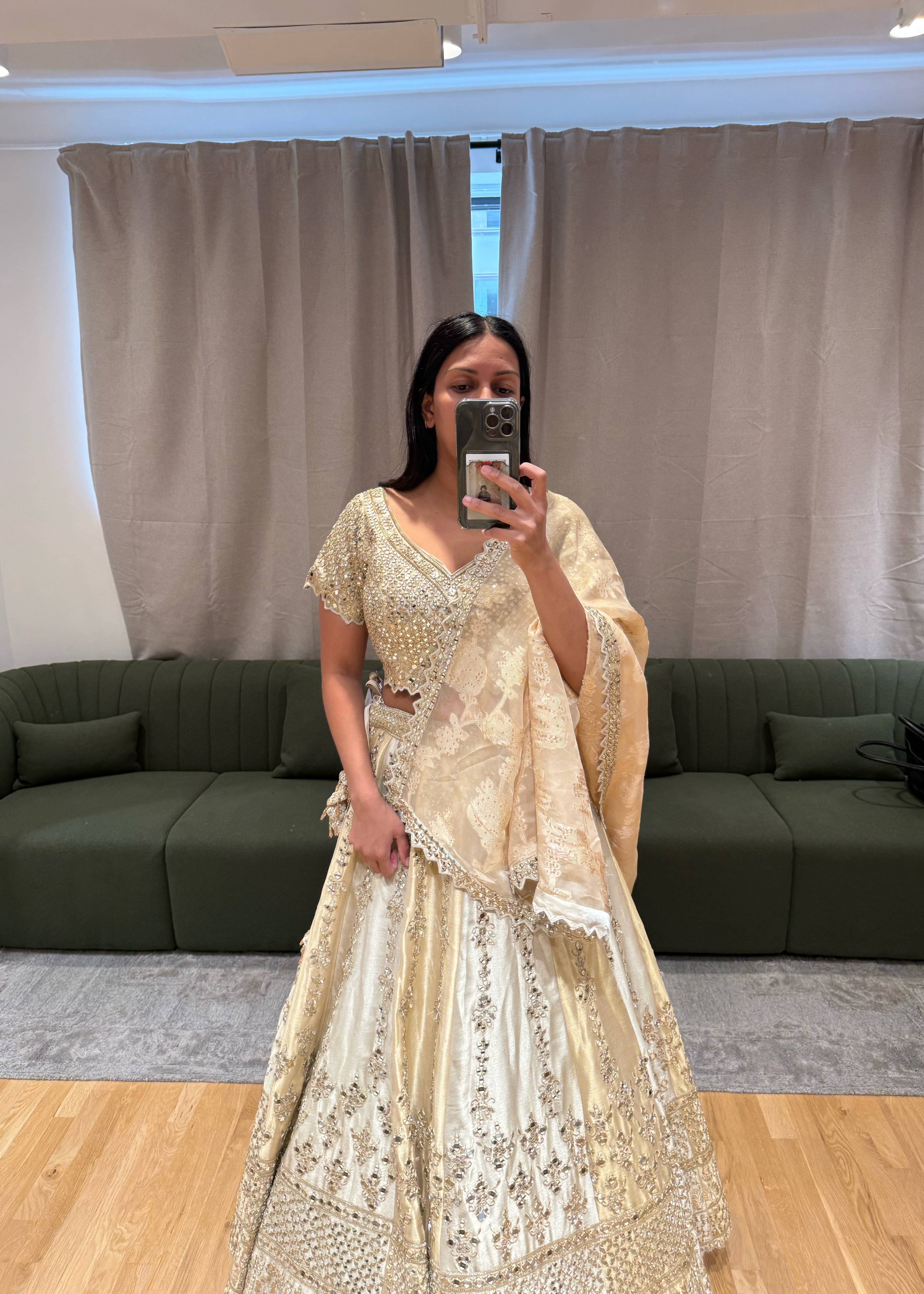 Ivory and Gold Mirrorwork Lehenga Set Image - 3
