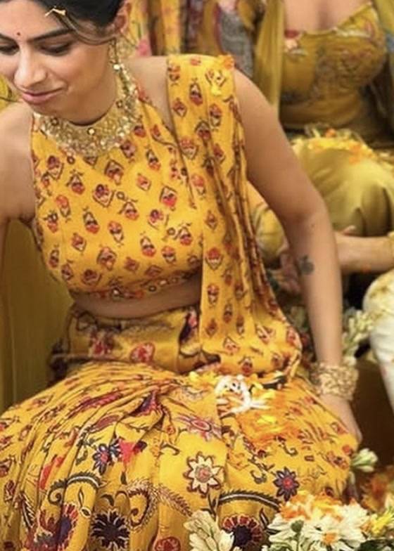 Mustard Yellow Printed Pre-Draped Sari Image - 6