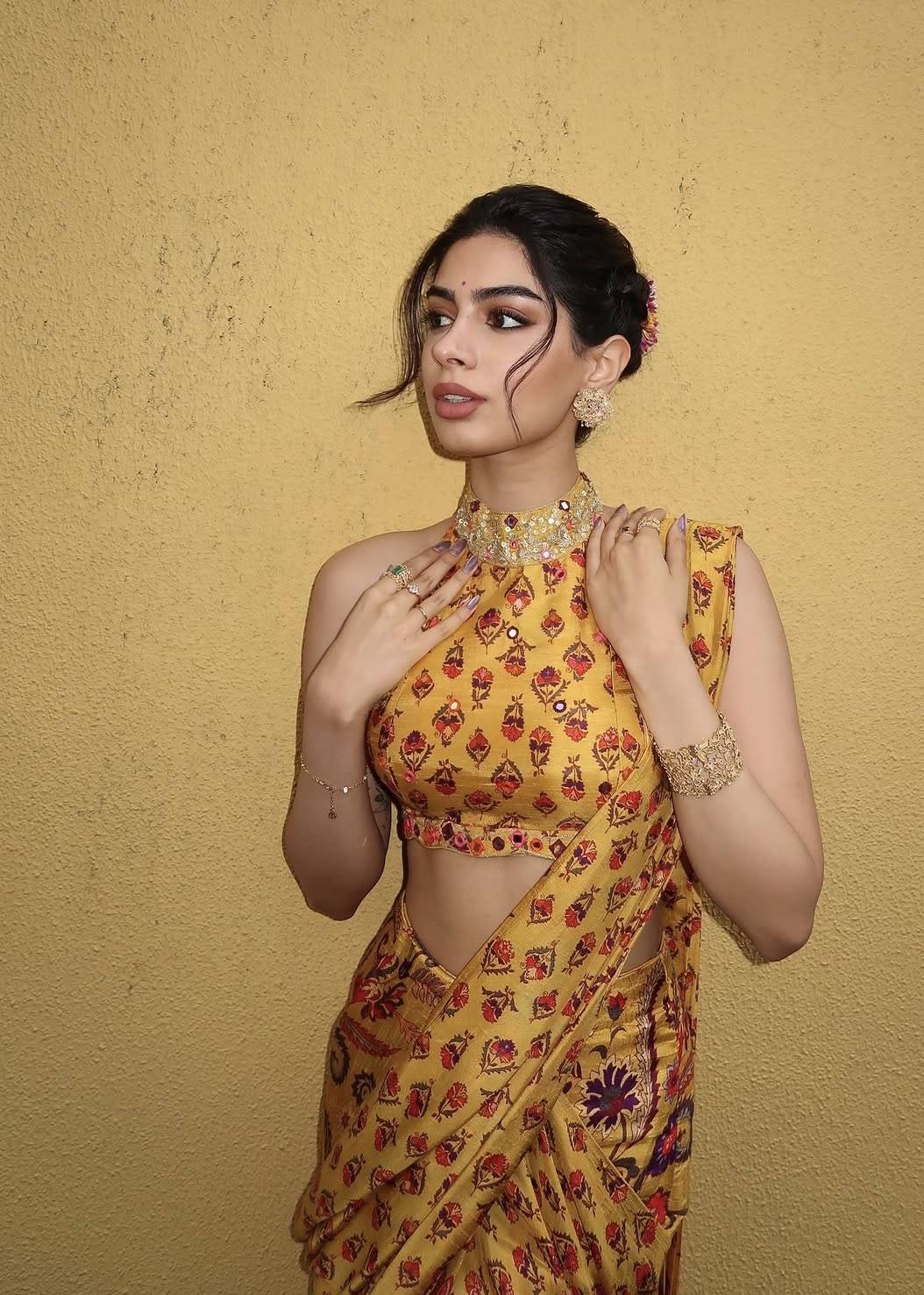 Mustard Yellow Printed Pre-Draped Sari Image - 4