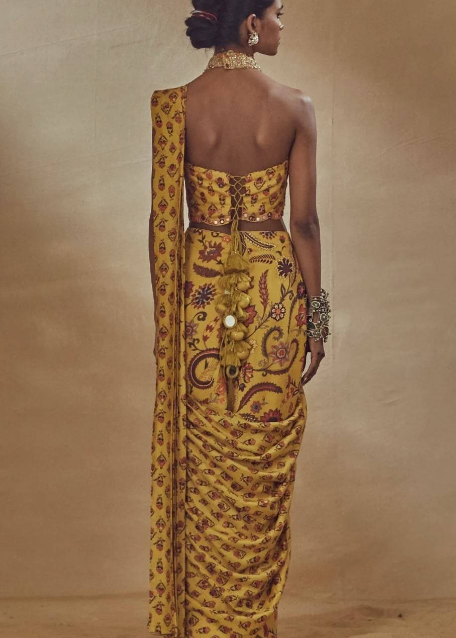 Mustard Yellow Printed Pre-Draped Sari Image - 1