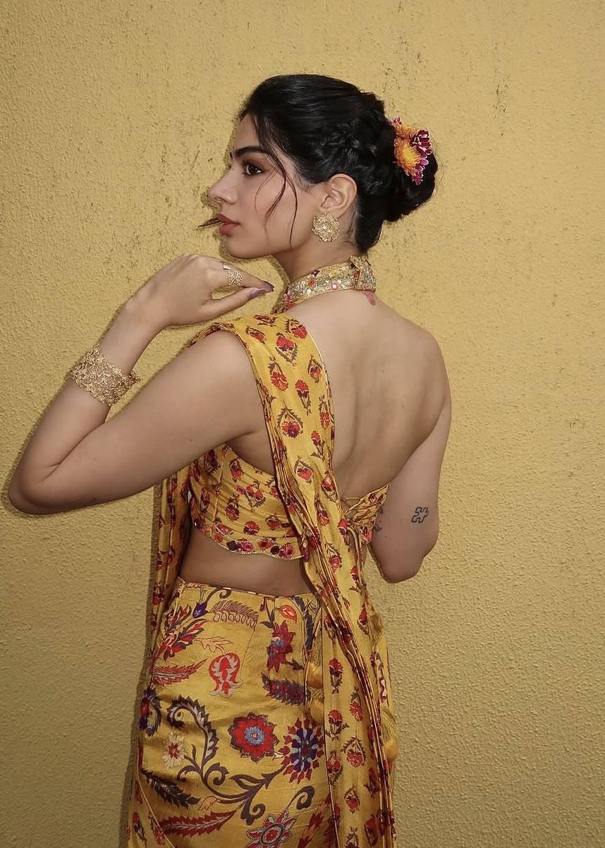 Mustard Yellow Printed Pre-Draped Sari Image - 5