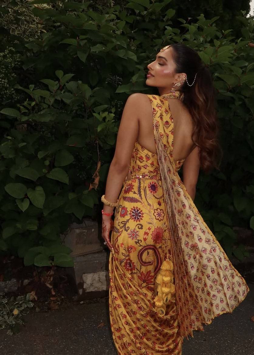 Mustard Yellow Printed Pre-Draped Sari Image - 3