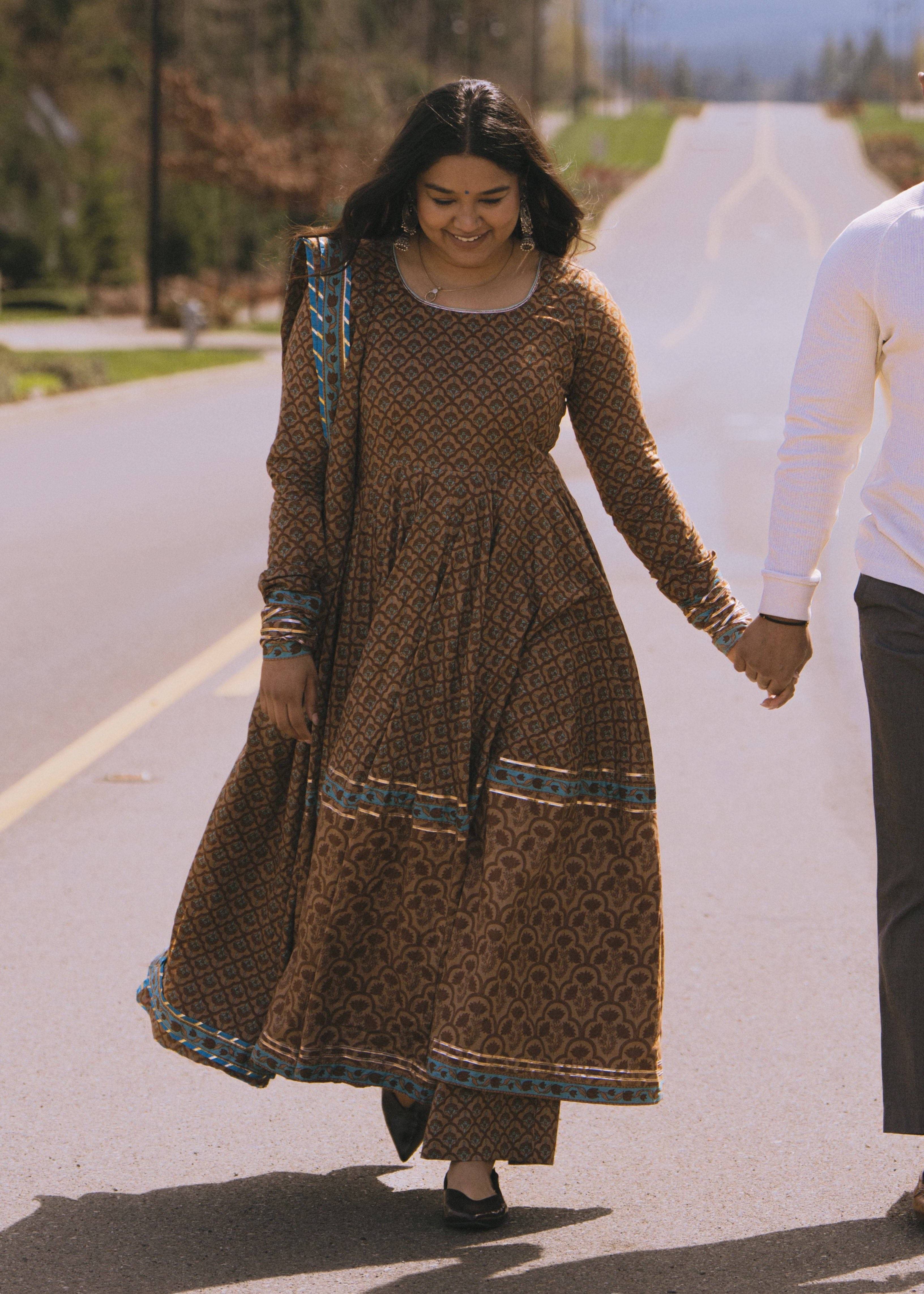 Brown Block Print Anarkali Set Image - 0