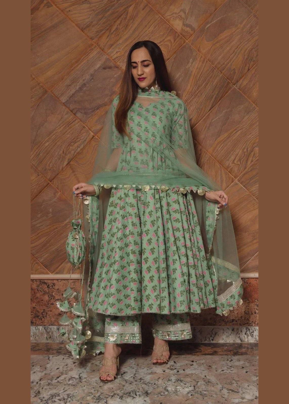 Sage Green Floral Anarkali Set Image - 0