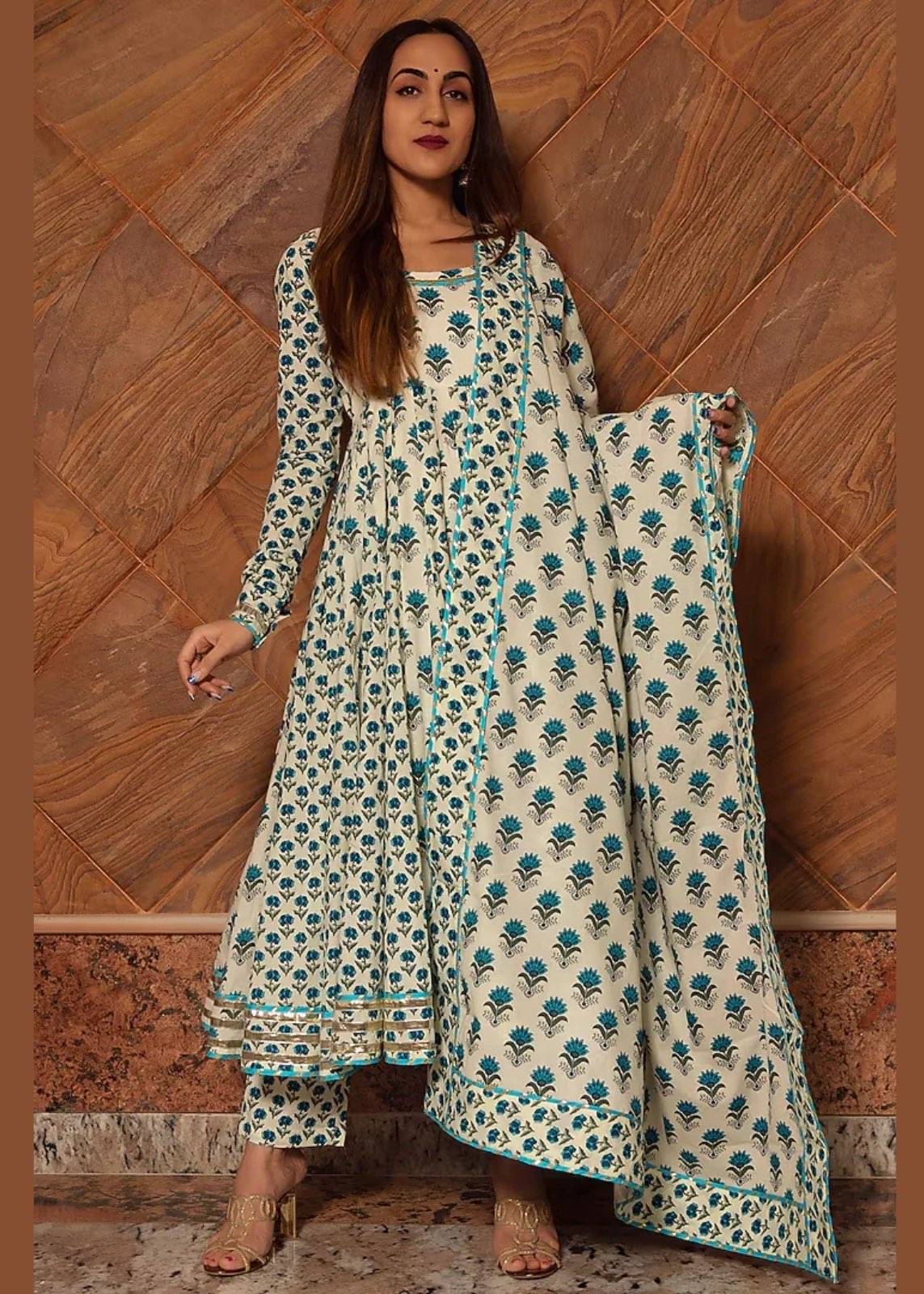Ivory and Teal Printed Anarkali Image - 0