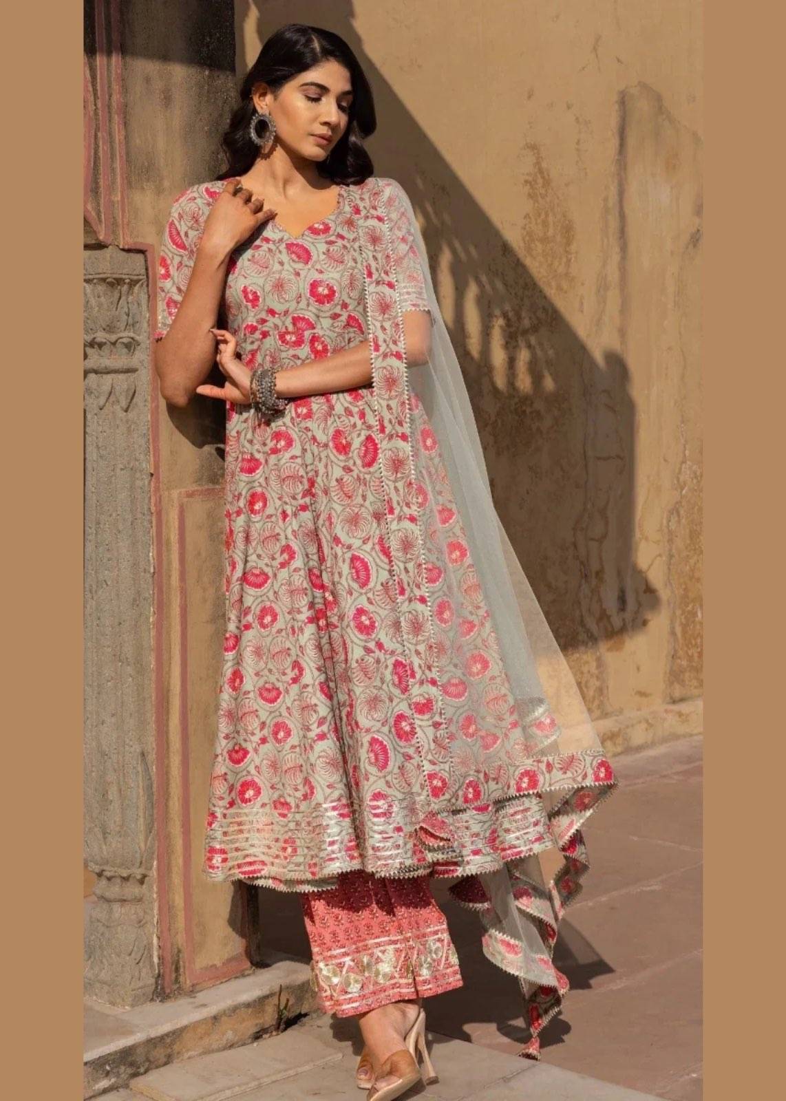 Ivory and Red Floral Anarkali Image - 0