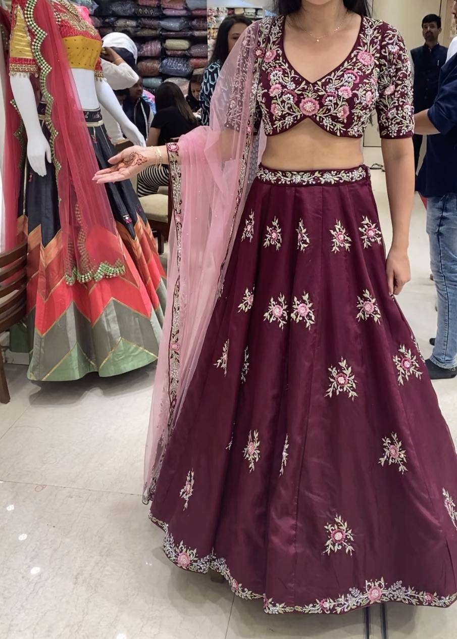 Maroon Floral Embroidered Lehenga Image - 0