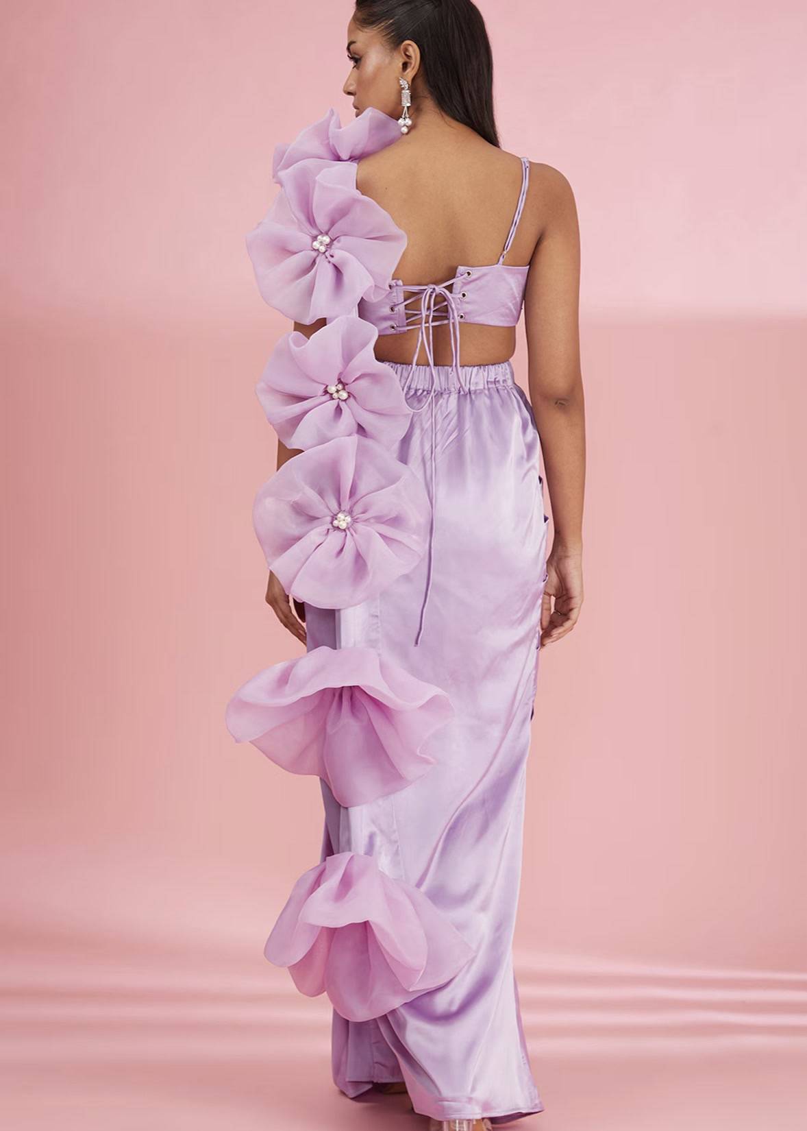 Lilac Floral Pre-Draped Sari Image - 2