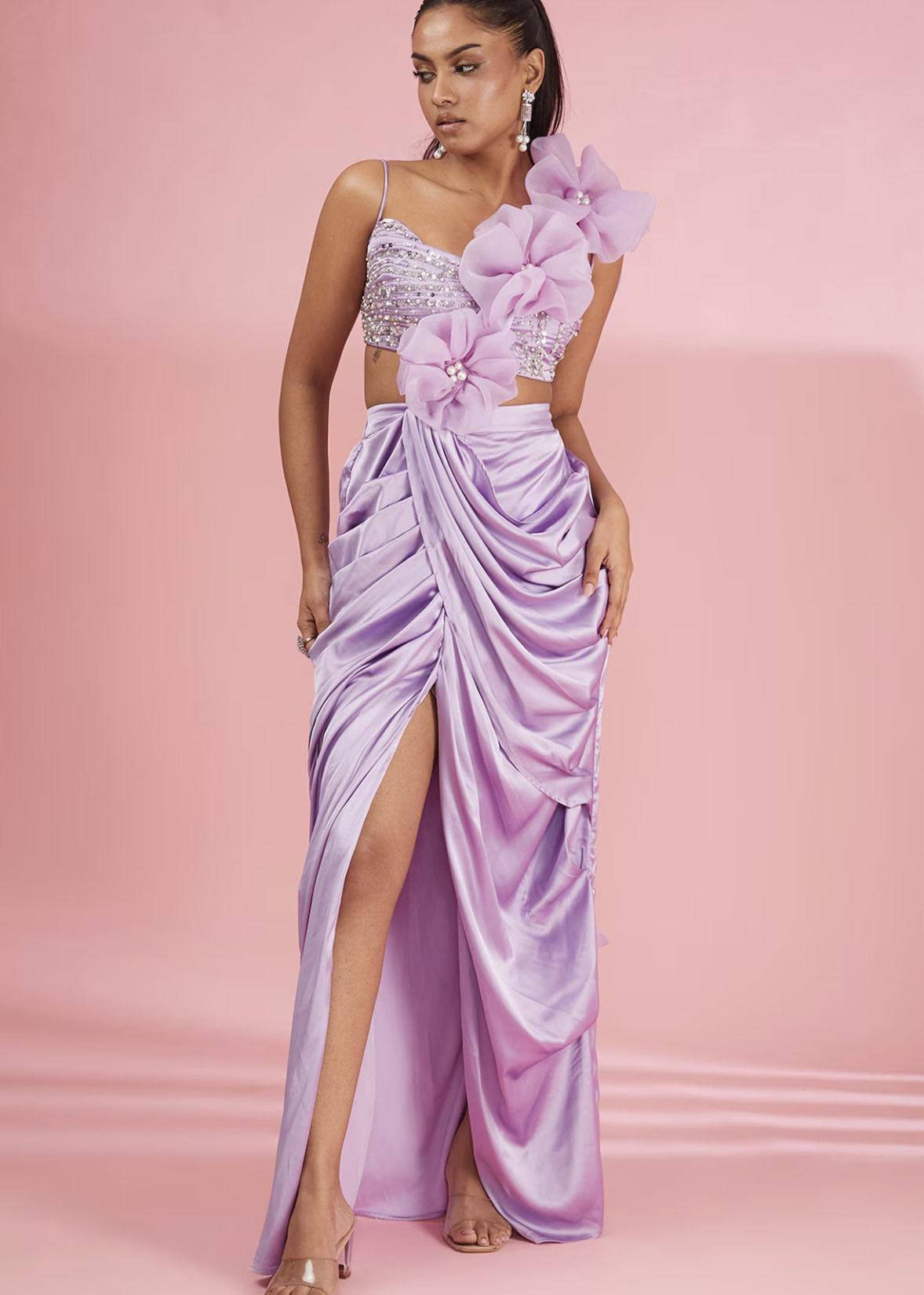 Lilac Floral Pre-Draped Sari Image - 1