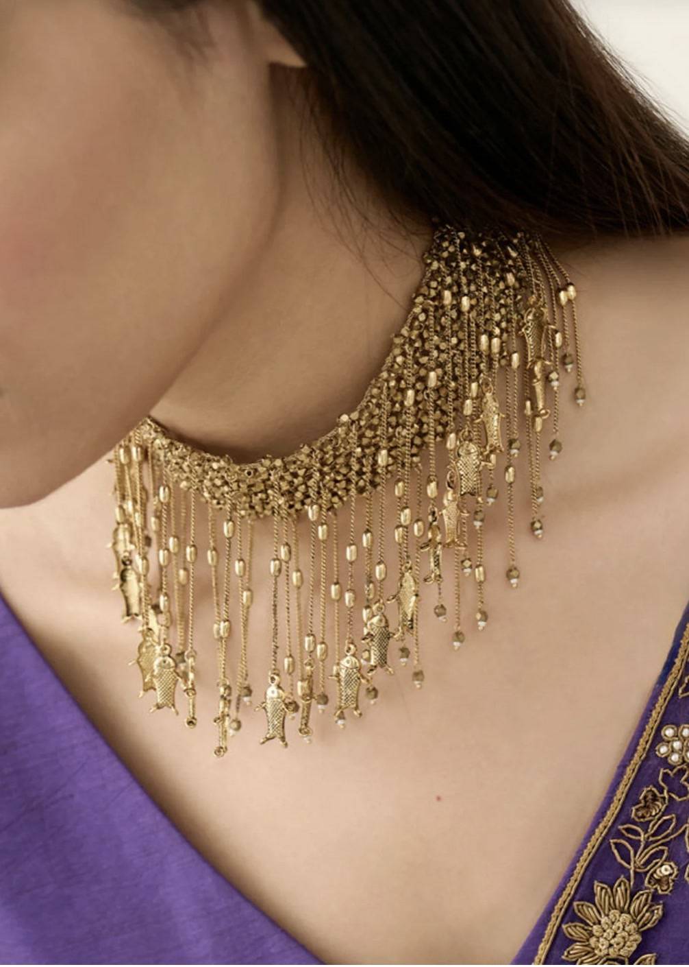 Gold Fringe Choker Necklace Image - 1