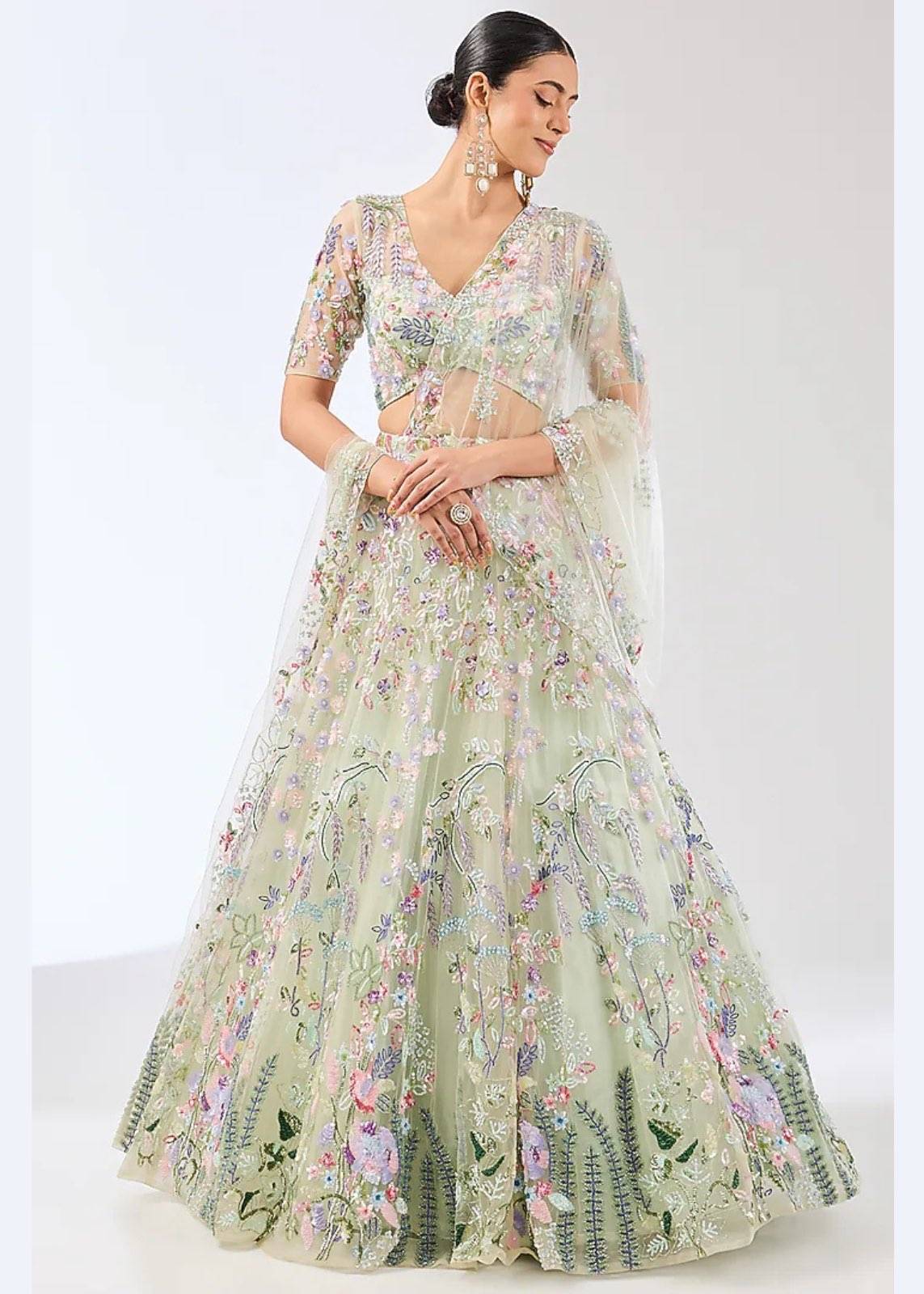 Sage Green Floral Embroidered Lehenga Set Image - 0