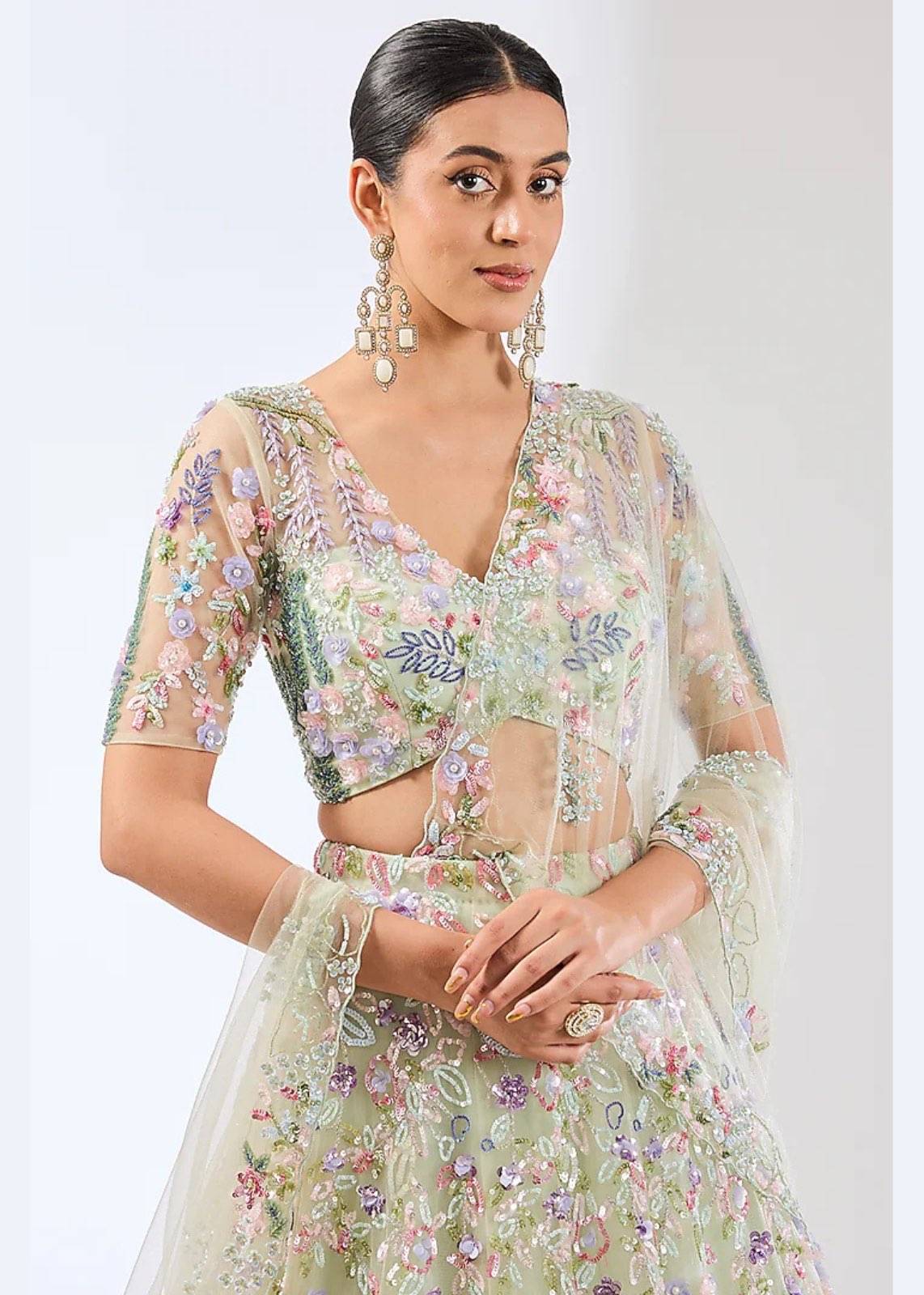 Sage Green Floral Embroidered Lehenga Set Image - 2
