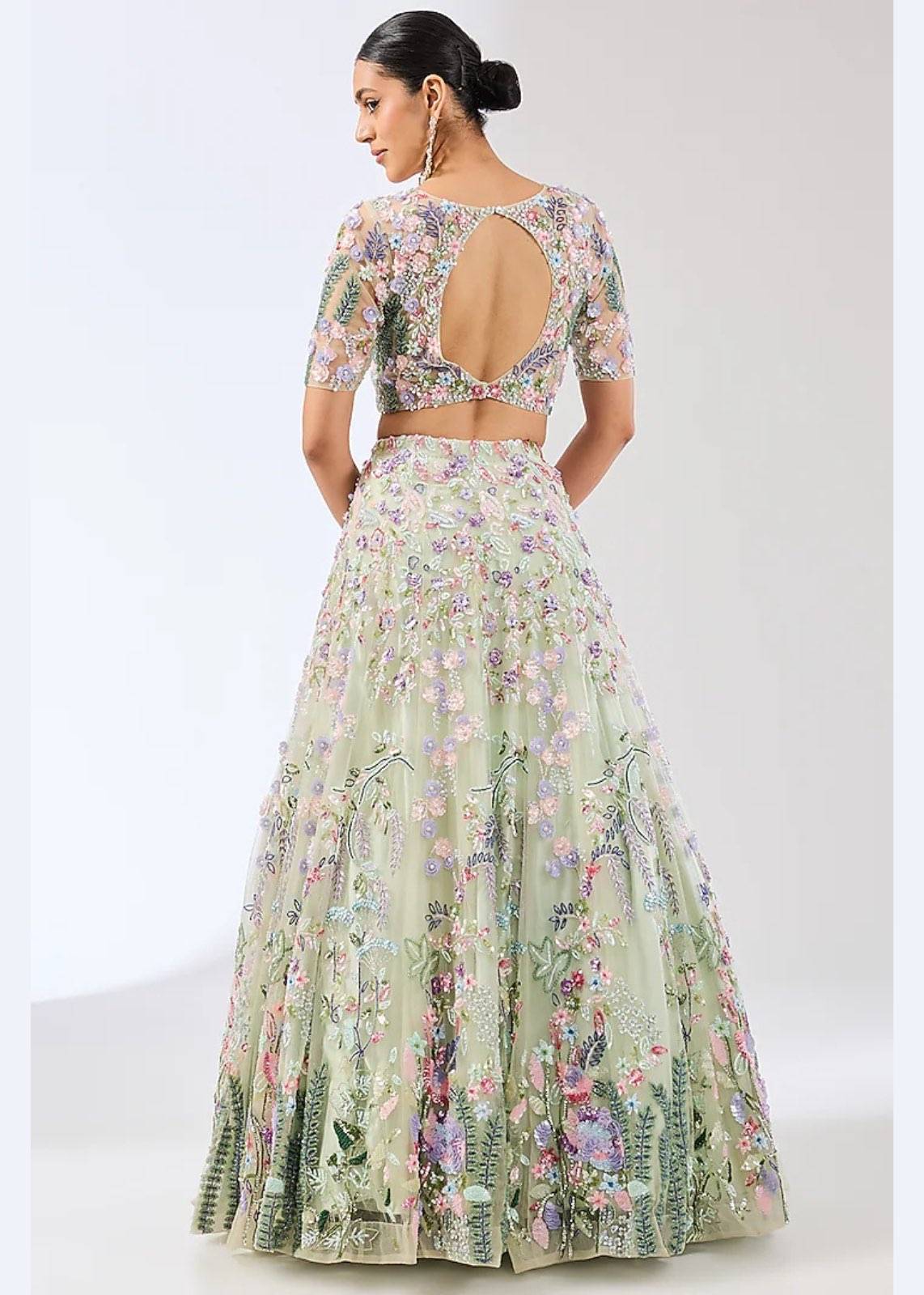Sage Green Floral Embroidered Lehenga Set Image - 1