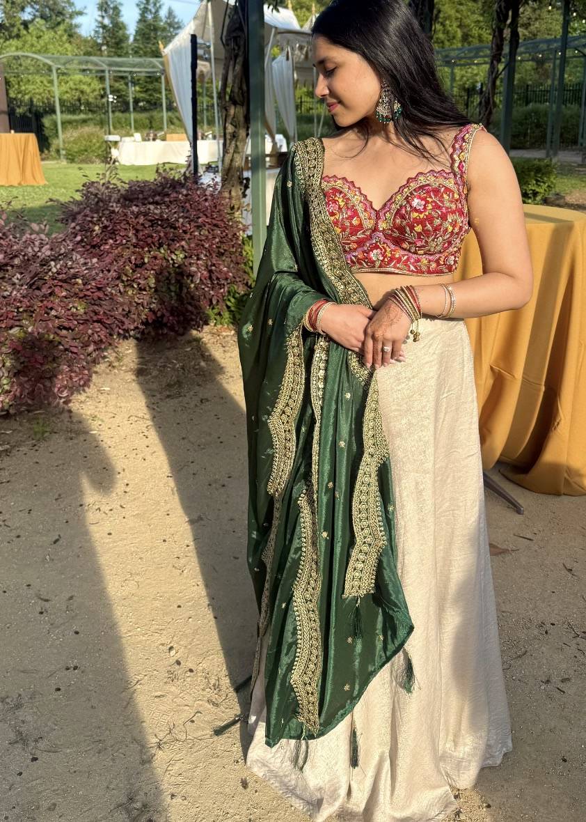 Ivory and Green Embroidered Lehenga Set Image - 0