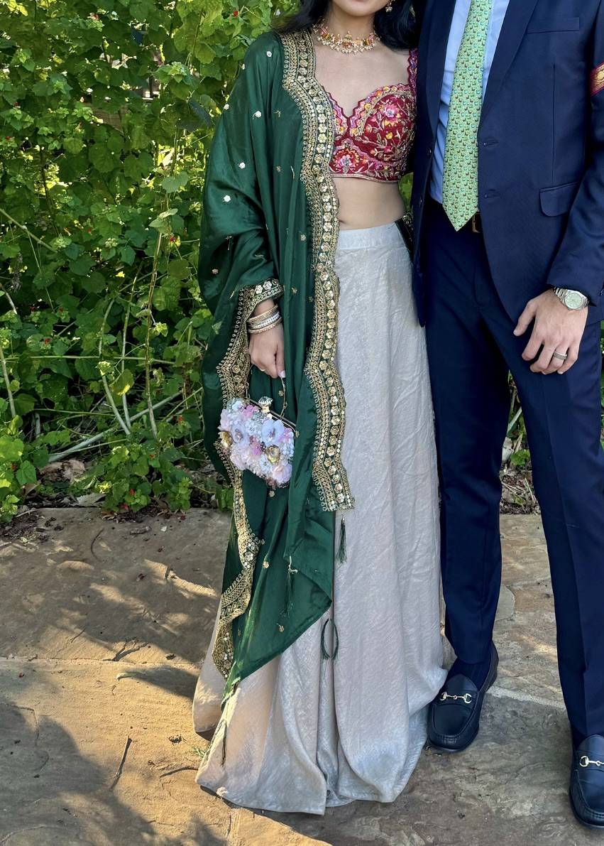 Ivory and Green Embroidered Lehenga Set Image - 1