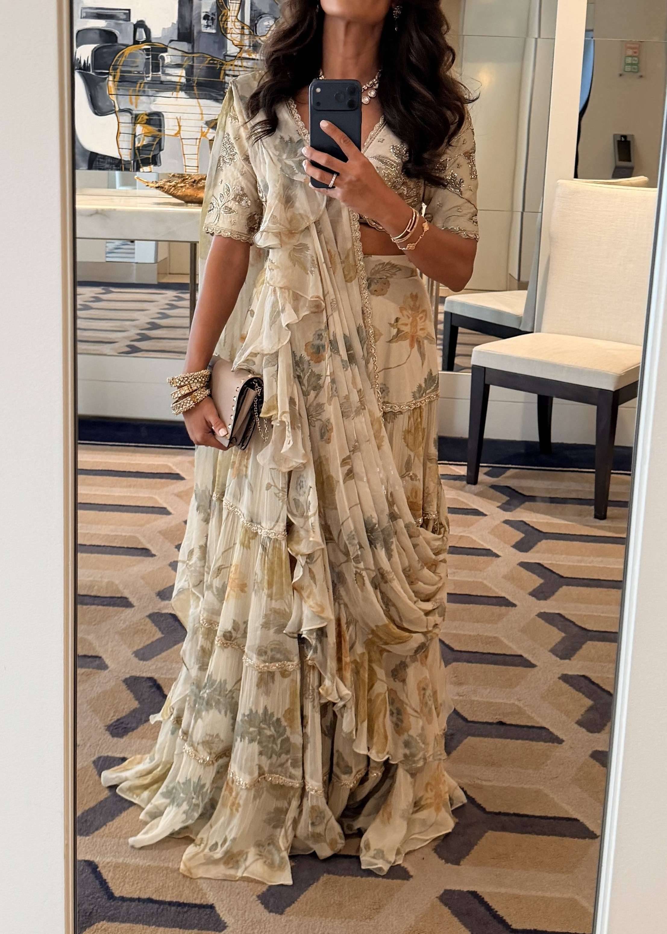 Ivory Floral Ruffled Pre-Draped Sari Image - 0
