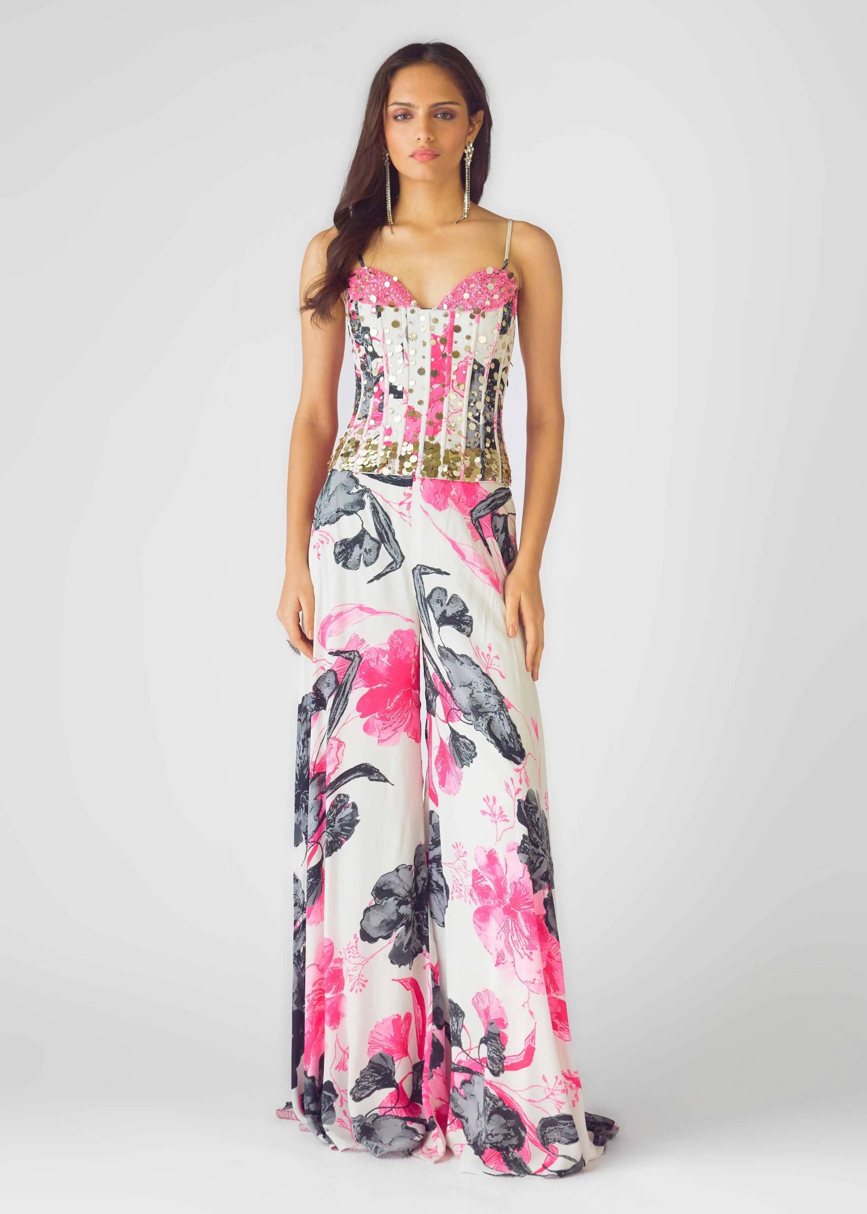 Pink Floral Print Corset and Palazzo Co-Ord Set Image - 0