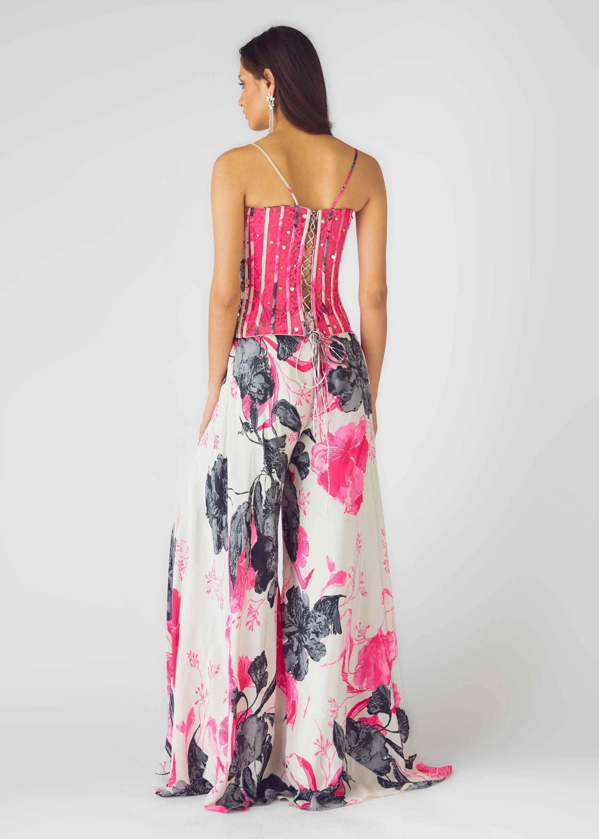 Pink Floral Print Corset and Palazzo Co-Ord Set Image - 1