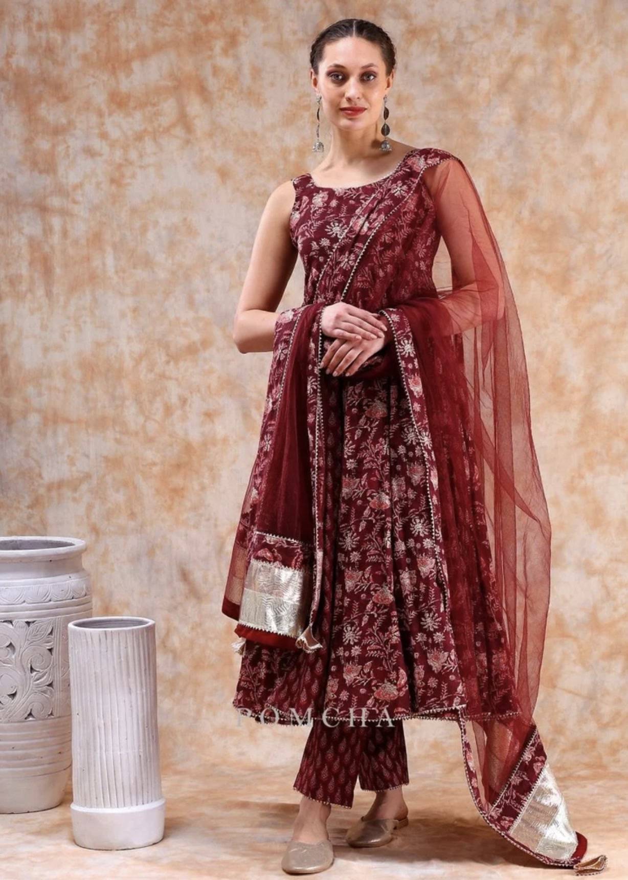 Maroon Floral Anarkali Set Image - 0