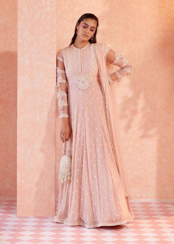 Blush Pink Pearl-Embroidered Anarkali with Sheer Sleeves Image - 0