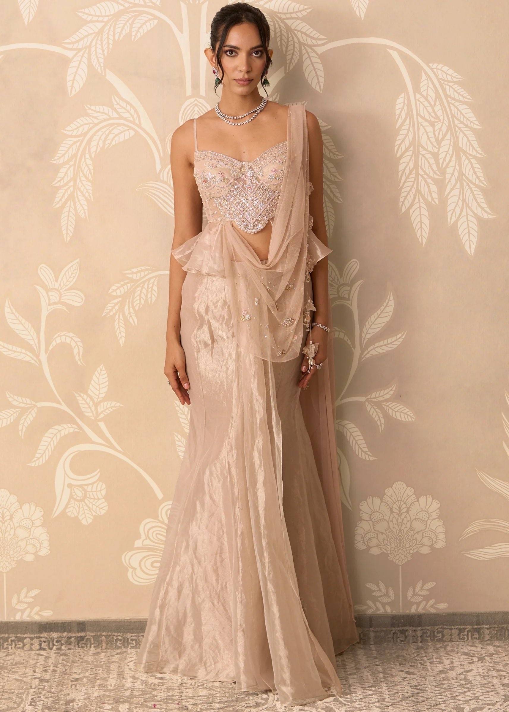 Blush Nude Pre-Draped Tissue Sari Image - 0