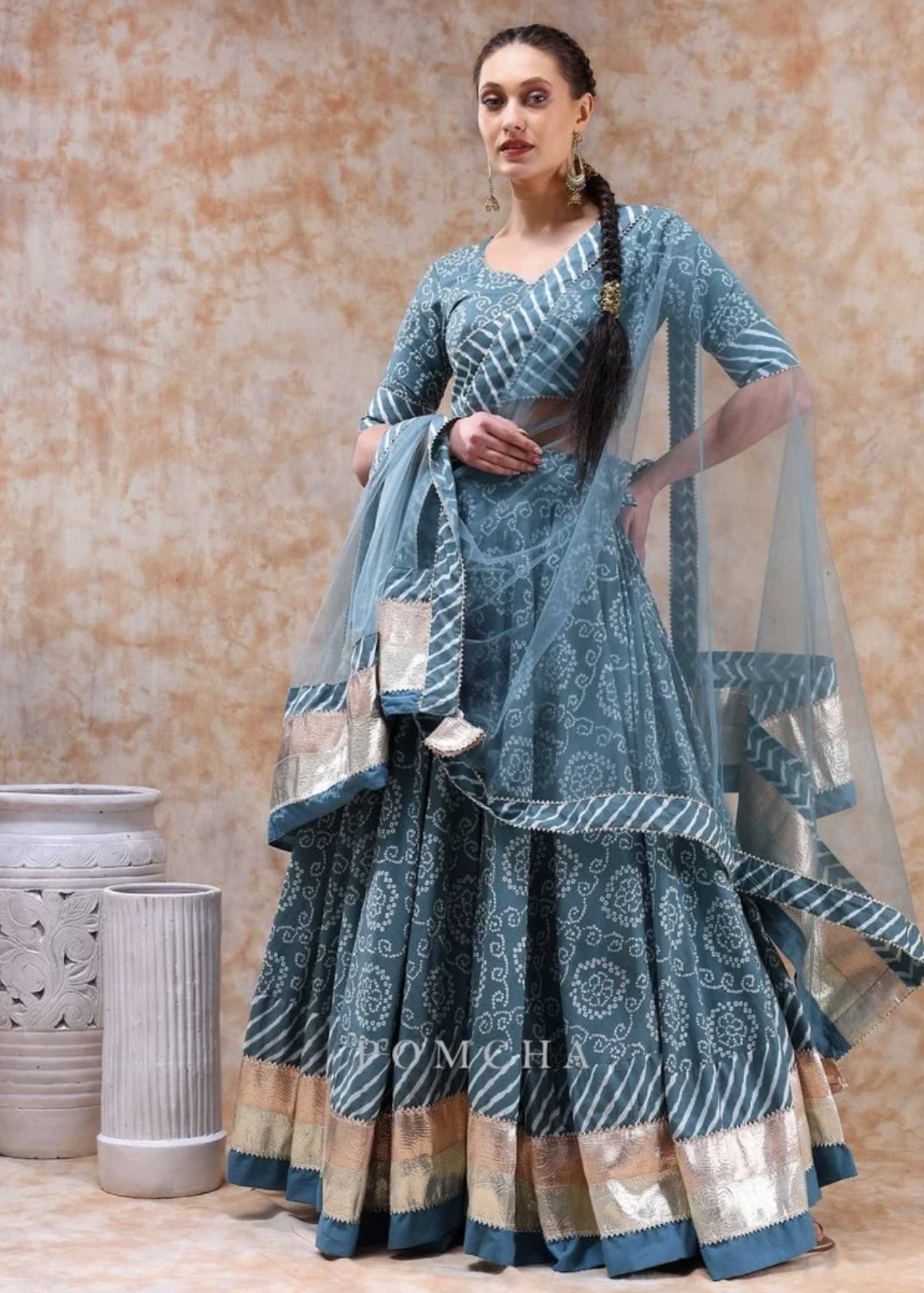 Dusty Blue Bandhani Lehenga Set Image - 0