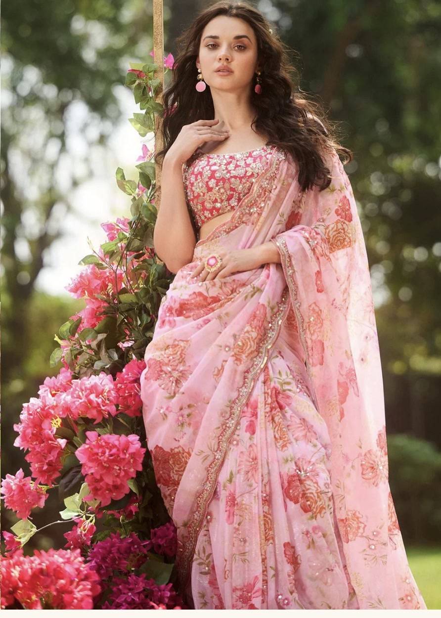 Pink Floral Pre-Pleated Sari Image - 3