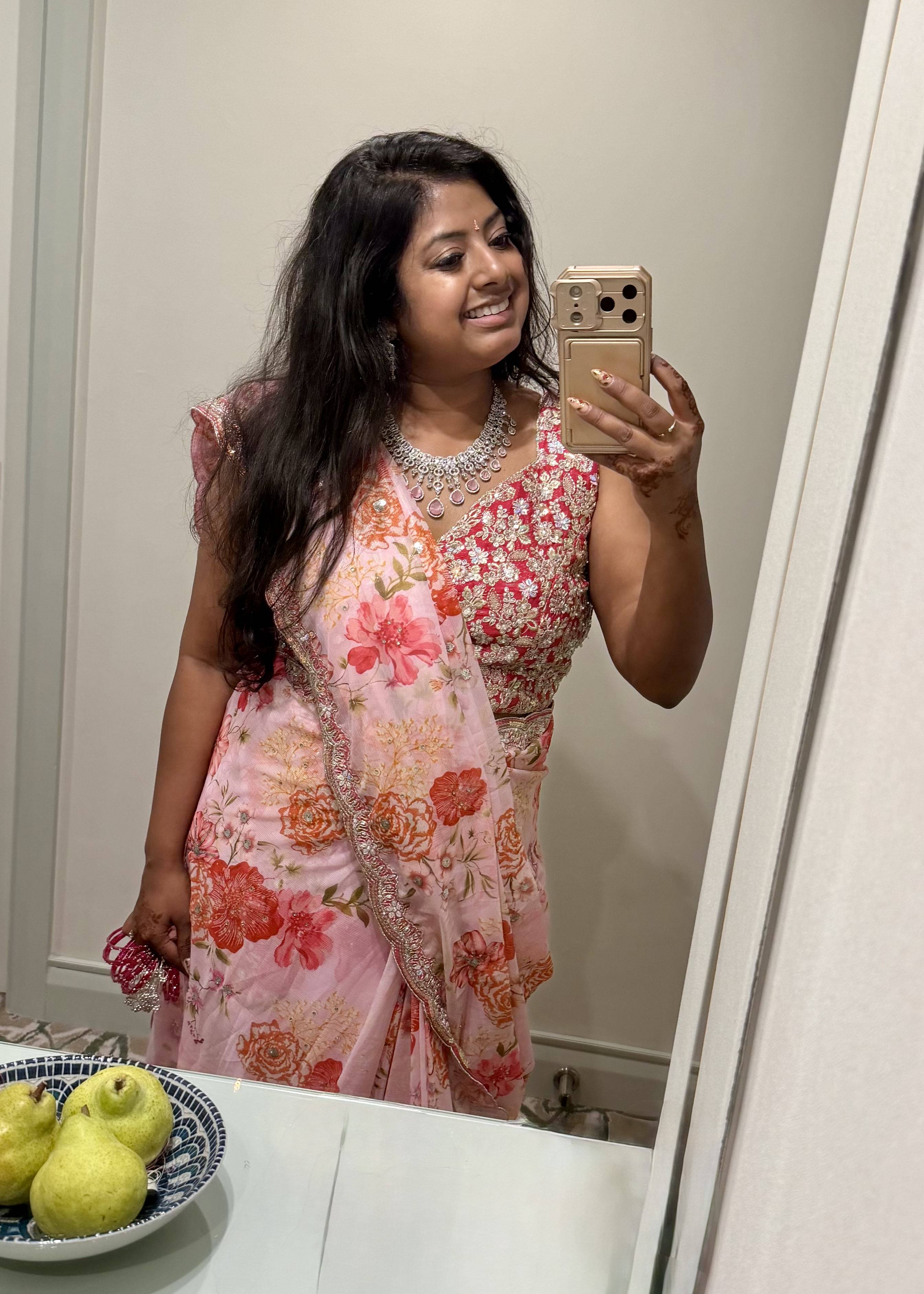 Pink Floral Pre-Pleated Sari Image - 1