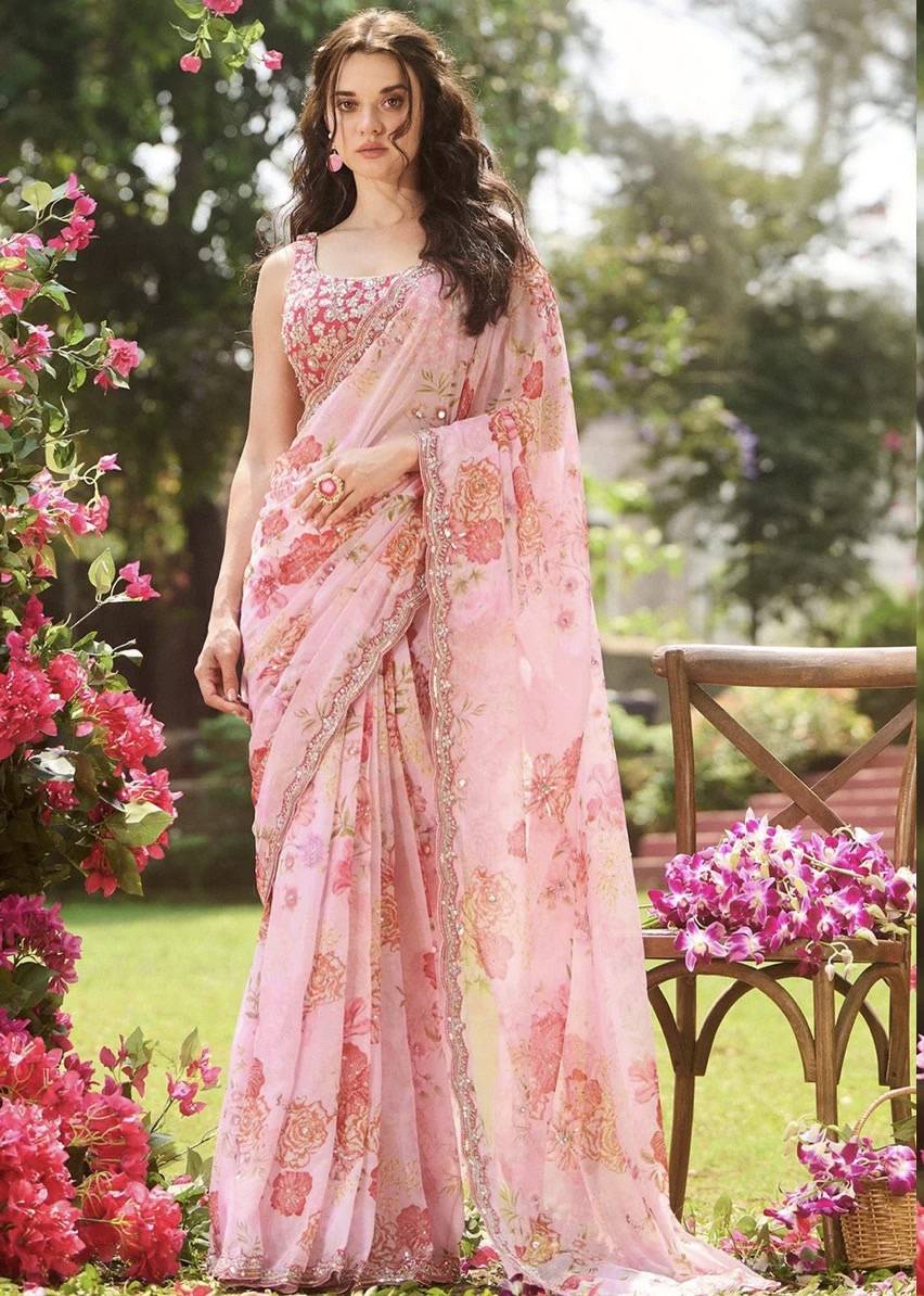 Pink Floral Pre-Pleated Sari Image - 2