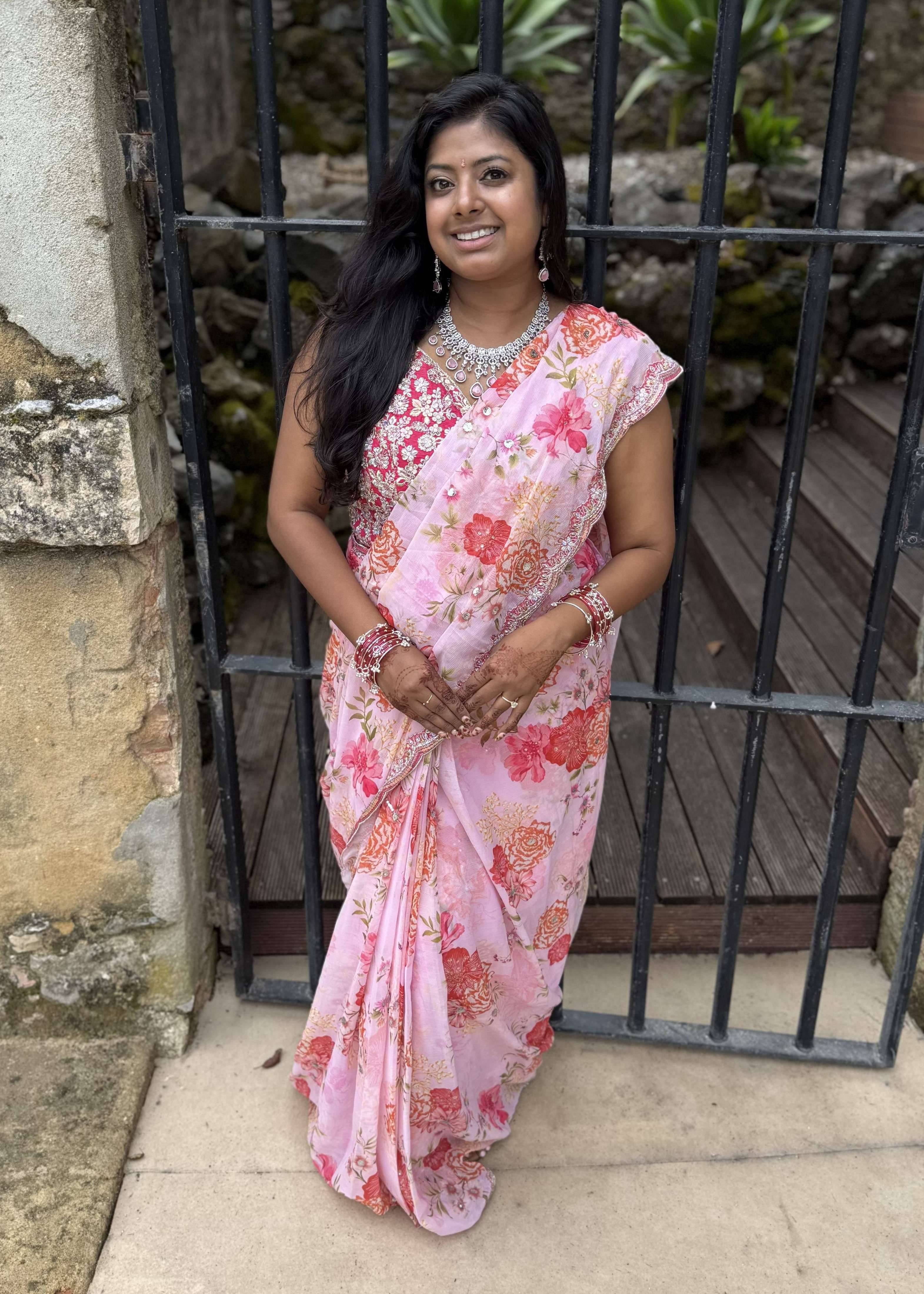 Pink Floral Pre-Pleated Sari Image - 0