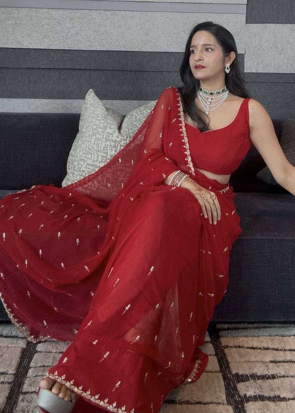 Red Mirrorwork Chiffon Sari Image - 1