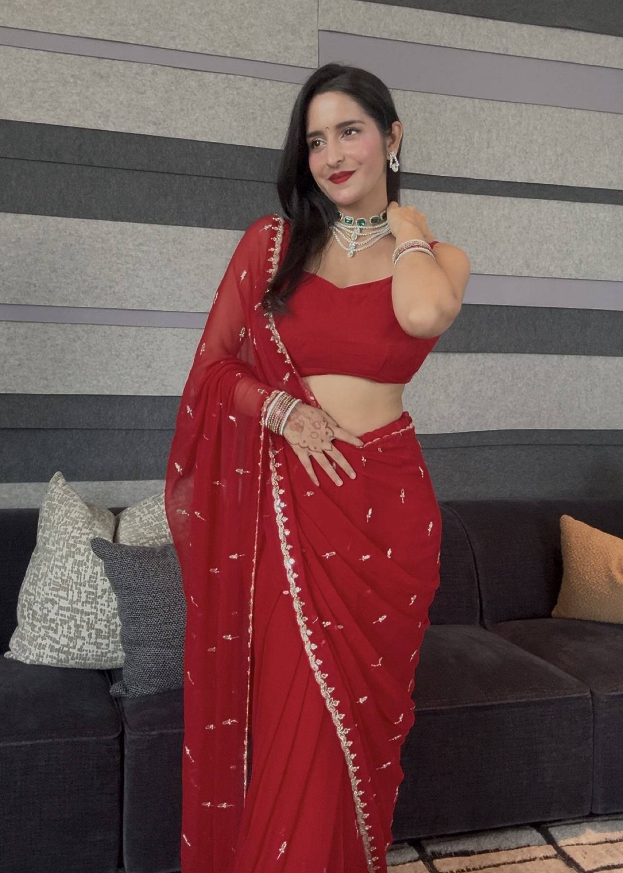 Red Mirrorwork Chiffon Sari Image - 3