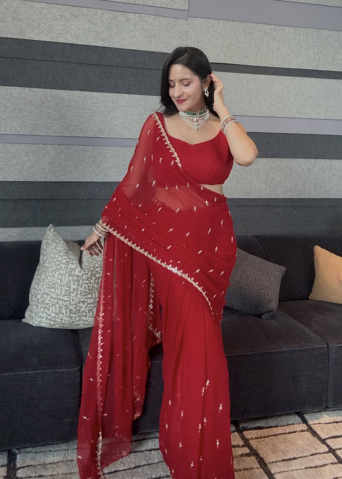 Red Mirrorwork Chiffon Sari Image - 2