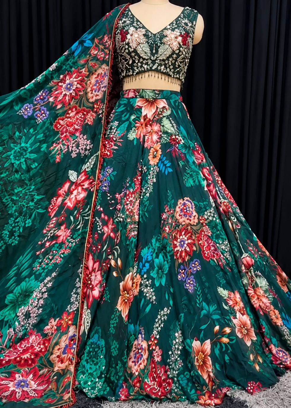 Emerald Green Floral Printed Lehenga Set Image - 0